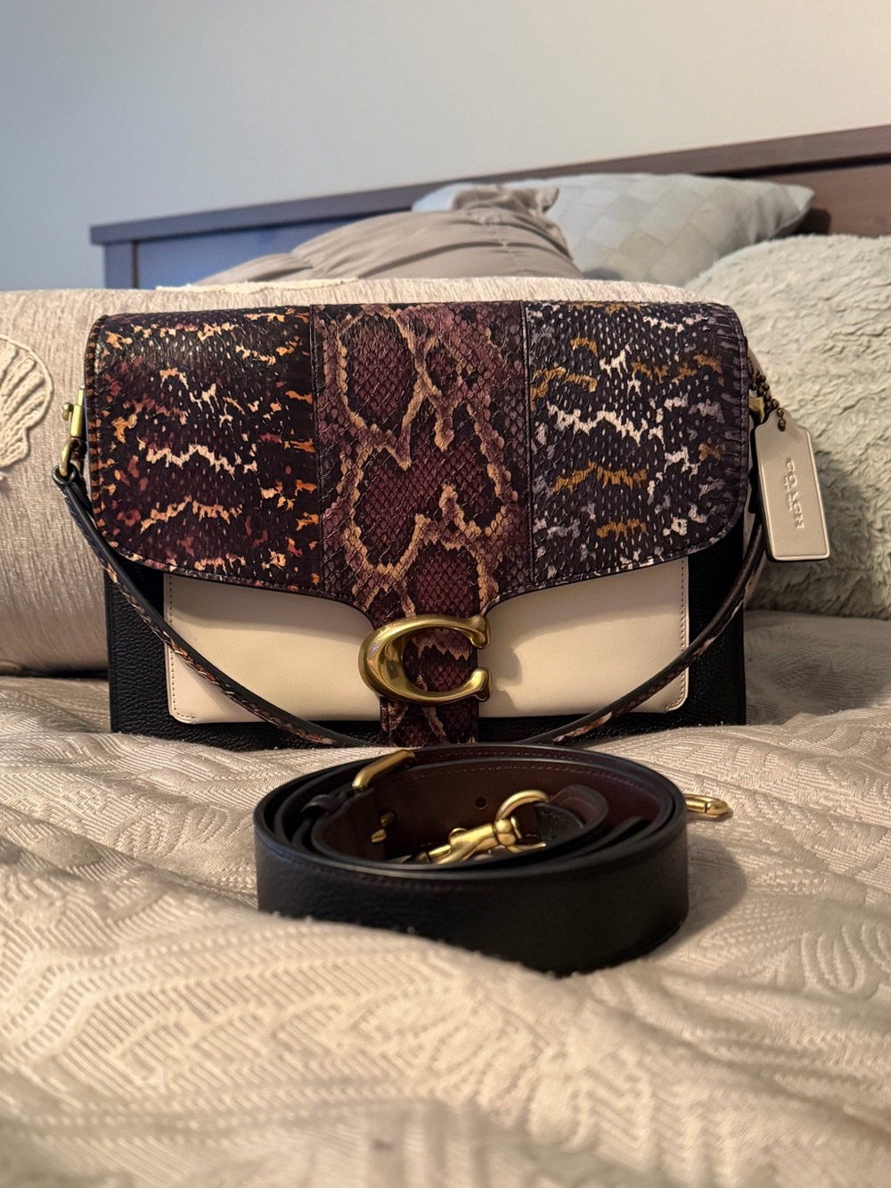 Coach Colorblock Snake-Print Tabby Bag in Burgundy, Black & Cream